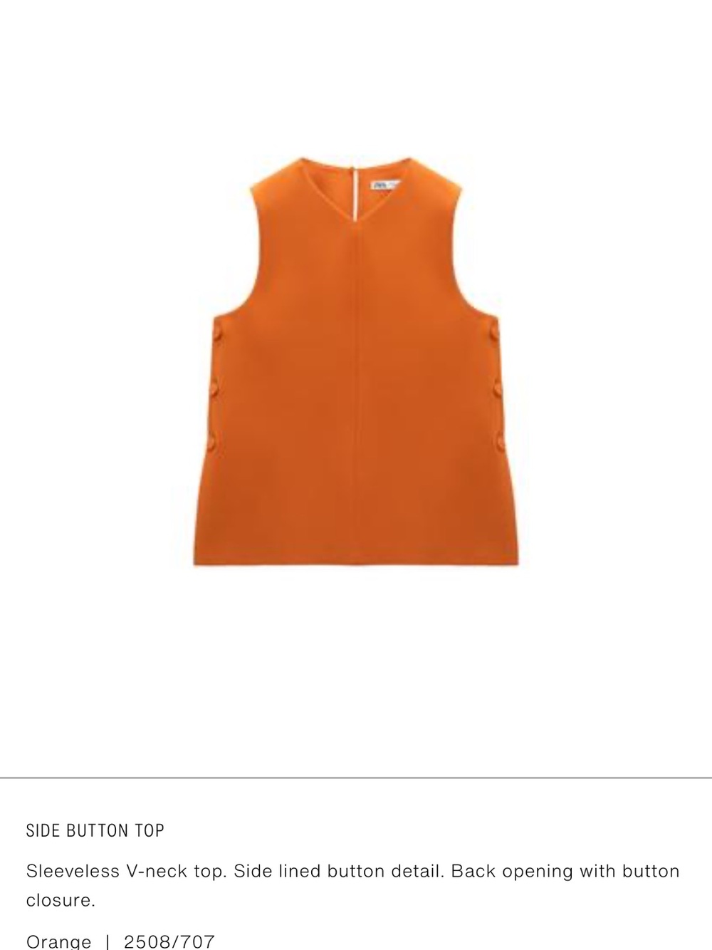 Zara Sleeveless V-Neck Side Button Top - Orange